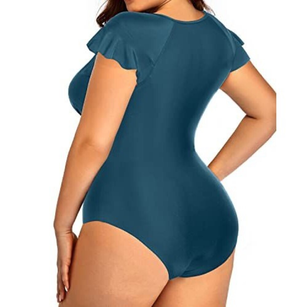 Women’s Plus Size 22W Teal One Piece Swimsuit Front Zip Flutter Sleeve Ruched - Picture 12 of 12